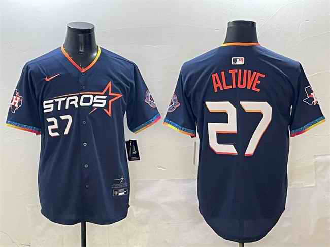 Men's Houston Astros #27 Jose Altuve Navy 2025 City Connect With Texas Patch Limited Stitched Baseball Jersey