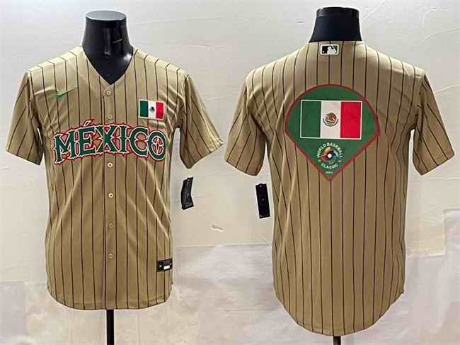 Men's Mexico Baseball Tan 2023 World Baseball Classic Team Big Logo Stitched Jersey