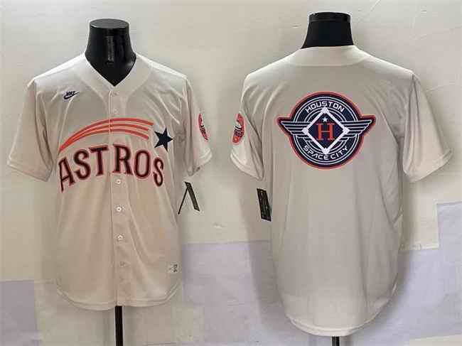 Men's Houston Astros Team Big Logo Cream Throwback Cooperstown Collection Limited Stitched Baseball Jersey 002
