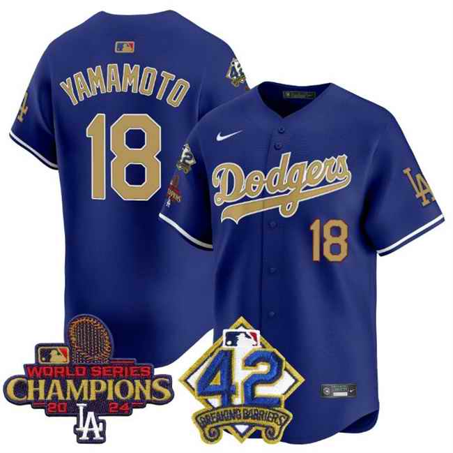 Men's Los Angeles Dodgers #18 Yoshinobu Yamamoto Royal/Gold 2024 World Series Champions & #42 Jackie Robinson Patch Vapor Limited Stitched Baseball Jersey
