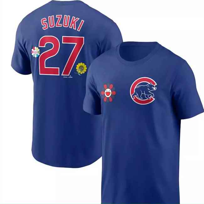 Men's Chicago Cubs #27 Seiya Suzuki Blue 2025 Tokyo Series Name & Number T-Shirt