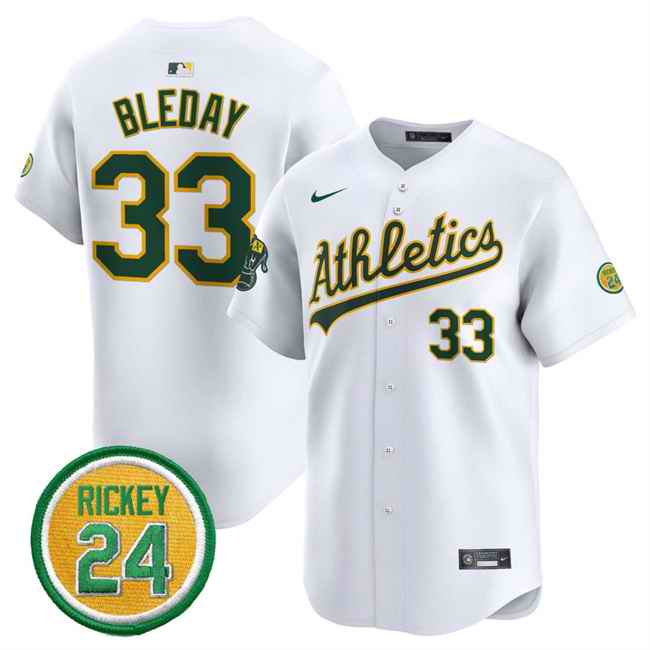 Men's Oakland Athletics #33 JJ Bleday White 2024 Home Limited With Rickey Henderson Patch Stitched Jersey