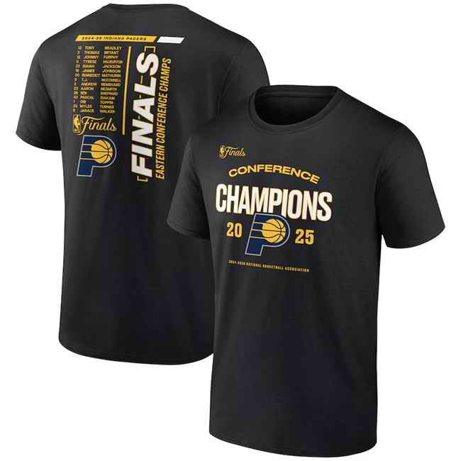 Men's Indiana Pacers Black 2025 Eastern Conference Champions Roster Buzzer Beater T-Shirt