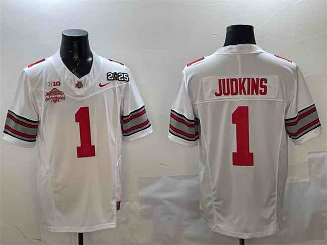 Men's Ohio State Buckeyes #1 Quinshon Judkins White 2025 CFP Final With National Champions Patch F.U.S.E. Vapor Limited Stitched Football Jersey