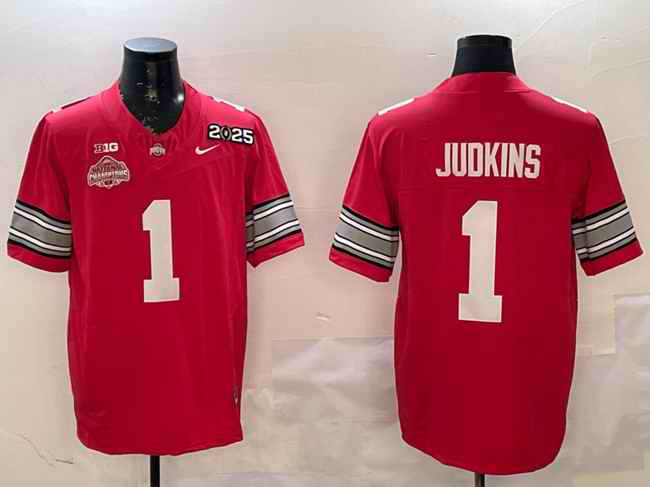 Men's Ohio State Buckeyes #1 Quinshon Judkins Red 2025 CFP Final With National Champions Patch F.U.S.E. Vapor Limited Stitched Football Jersey