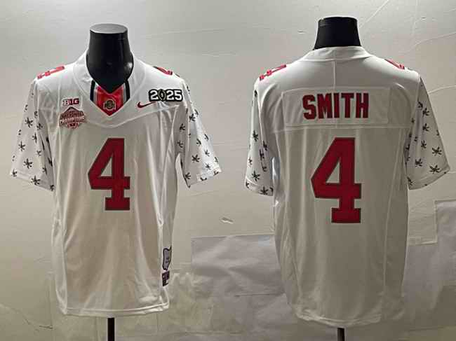 Men's Ohio State Buckeyes #4 Jeremiah Smith White 2025 CFP Final With National Champions Patch F.U.S.E. Vapor Limited Stitched Football Jersey