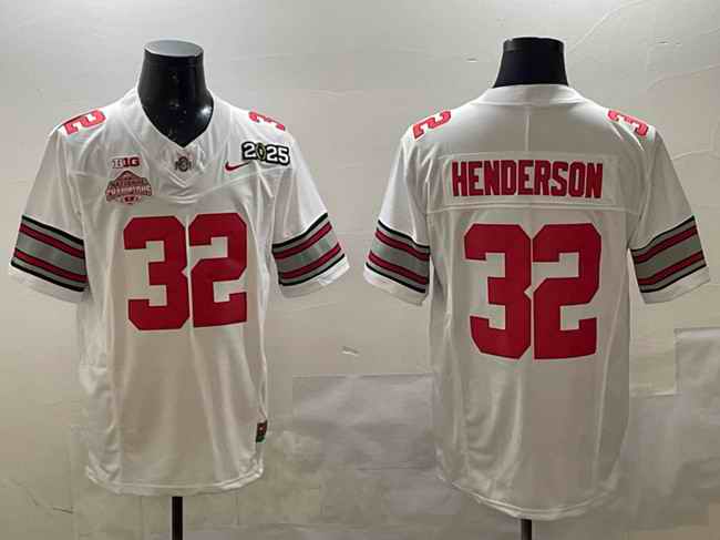 Men's Ohio State Buckeyes #32 TreVeyon Henderson White 2025 CFP Final With National Champions Patch F.U.S.E. Vapor Limited Stitched Football Jersey