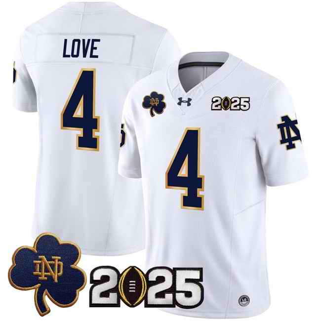 Men's Notre Dame Fighting Irish #4 Jeremiyah Love White F.U.S.E. 2025 CFP Final Patch Limited Stitched Football Jersey
