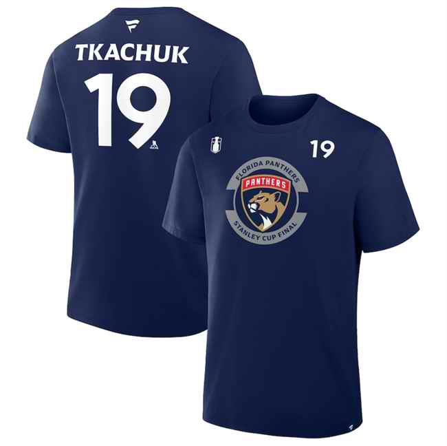 Men's Florida Panthers #19 Matthew Tkachuk Navy 2025 Stanley Cup Final Pro Name & Number T-Shirt