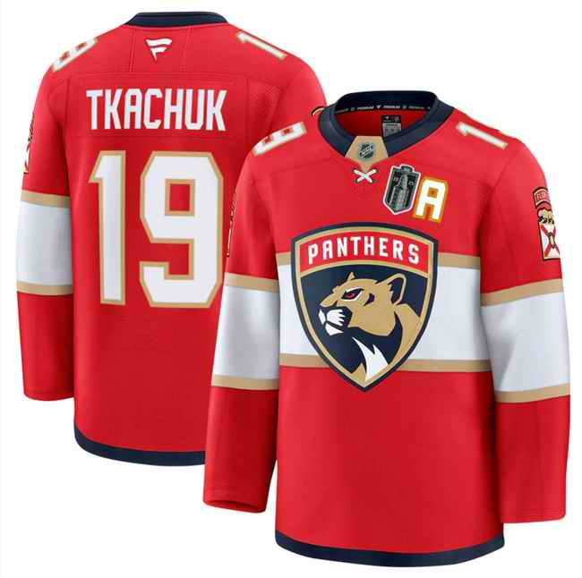 Men's Florida Panthers #19 Matthew Tkachuk Red 2025 Stanley Cup Final Patch Stitched Hockey Jersey