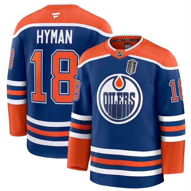 Men's Edmonton Oilers #18 Zach Hyman Royal 2025 Stanley Cup Final Patch Stitched Hockey Jersey