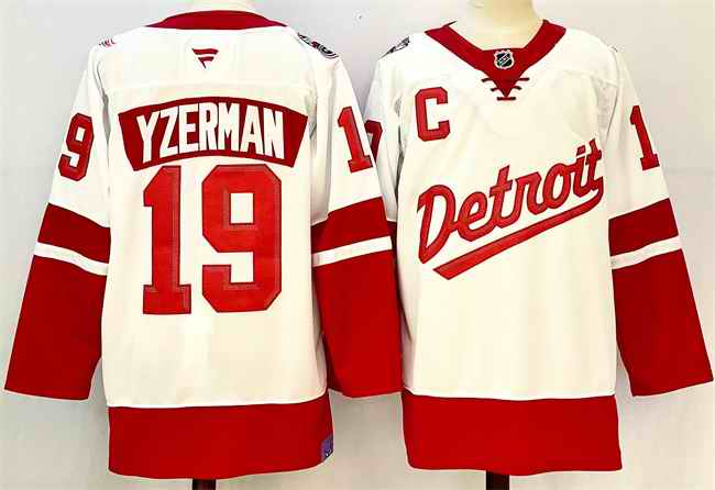 Men's Detroit Red Wings #19 Steve Yzerman White/Red 2024-25 With C Patch Stitched Jersey