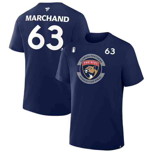 Men's Florida Panthers #63 Brad Marchand Navy 2025 Stanley Cup Final Pro Name & Number T-Shirt