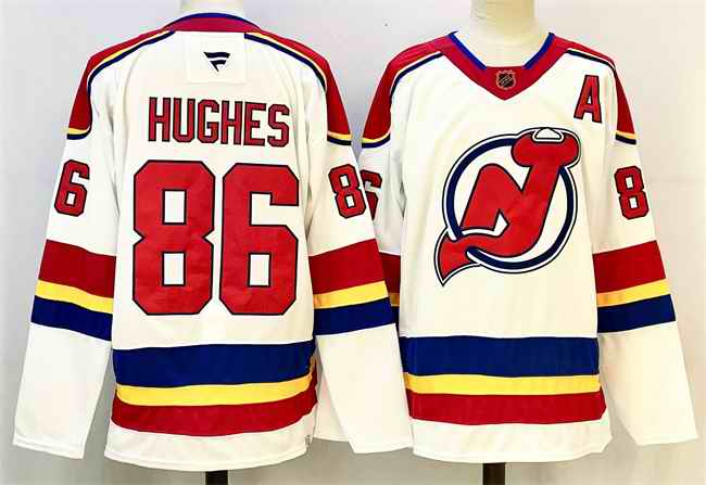 Men's New Jersey Devils #86 Jack Hughes White/Red 2024-25 With A Patch Stitched Hockey Jersey