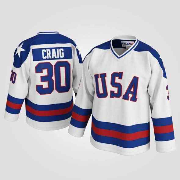 Men's USA #30 Jim Craig White Stitched Hockey Jersey