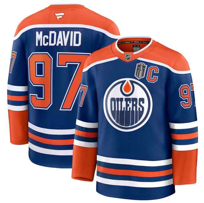 Men's Edmonton Oilers #97 Connor McDavid Royal 2025 Stanley Cup Final Patch And C Patch Stitched Hockey Jersey