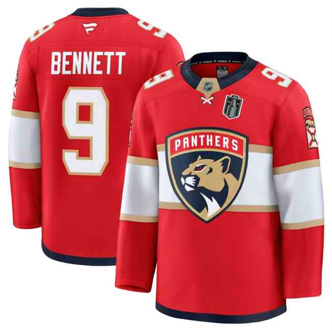 Men's Florida Panthers #9 Sam Bennett Red 2025 Stanley Cup Final Patch Stitched Hockey Jersey