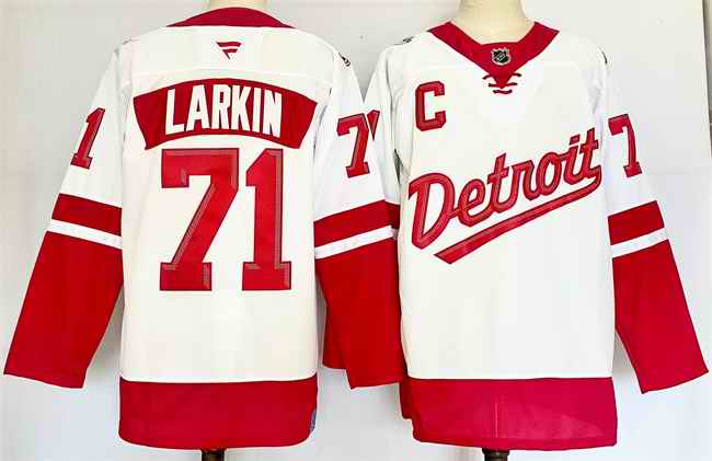 Men's Detroit Red Wings #71 Dylan Larkin White/Red 2024-25 With C Patch Stitched Jersey
