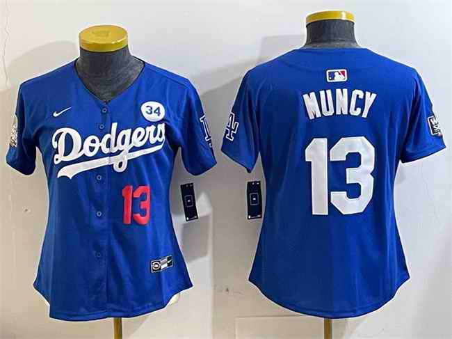 Women's Los Angeles Dodgers #13 Max Muncy Royal 2024 World Series With No. 34 Patch Alternate Limited Stitched Baseball Jersey(Run Small)