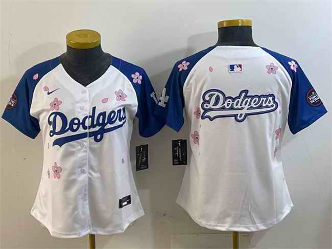 Women's Los Angeles Dodgers Team Big Logo White/Royal 2025 Tokyo Series Limited Stitched Baseball Jersey(Run Small) 001