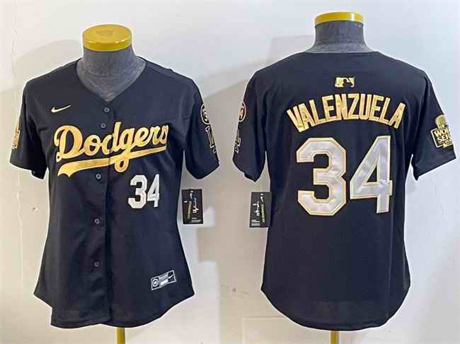 Women's Los Angeles Dodgers #34 Toro Valenzuela Black/Gold 2024 World Series With Fernando Memorial Patch Limited Stitched Baseball Jersey(Run Small)