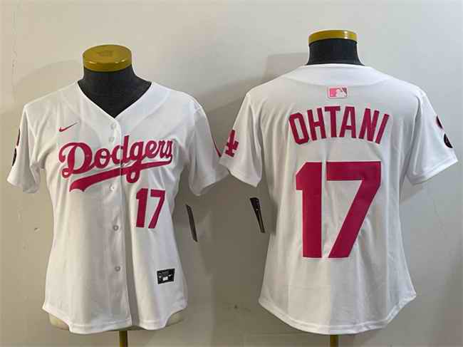 Women's Los Angeles Dodgers #17 Shohei Ohtani White/Pink Vin & Kobe Patch Limited Stitched Baseball Jersey(Run Small)
