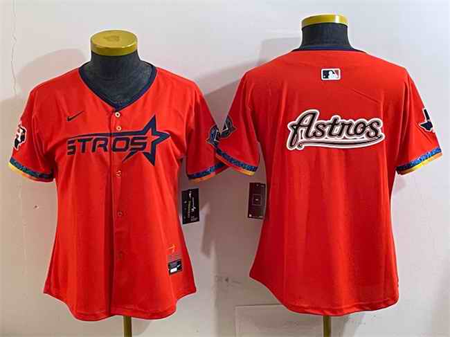 Women's Houston Astros Team Big Logo Orange 2025 City Connect With Texas Patch Limited Stitched Baseball Jersey(Run Small) 002