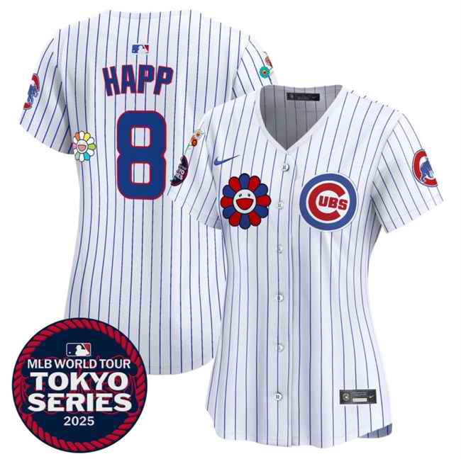 Women's Chicago Cubs #8 Ian Happ White 2025 Tokyo Series Limited Stitched Baseball Jersey(Run Small)