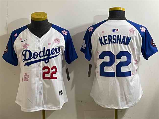 Women's Los Angeles Dodgers #22 Clayton Kershaw White/Royal 2025 Tokyo Series Limited Stitched Baseball Jersey(Run Small)