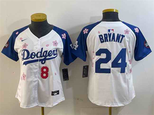 Women's Los Angeles Dodgers Front #8 Back #24 Kobe Bryant White/Royal 2025 Tokyo Series Limited Stitched Baseball Jersey(Run Small)