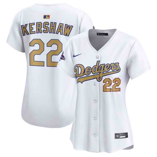 Women's Los Angeles Dodgers #22 Clayton Kershaw White 2025 Gold Collection Limited Stitched Baseball Jersey(Run Small)