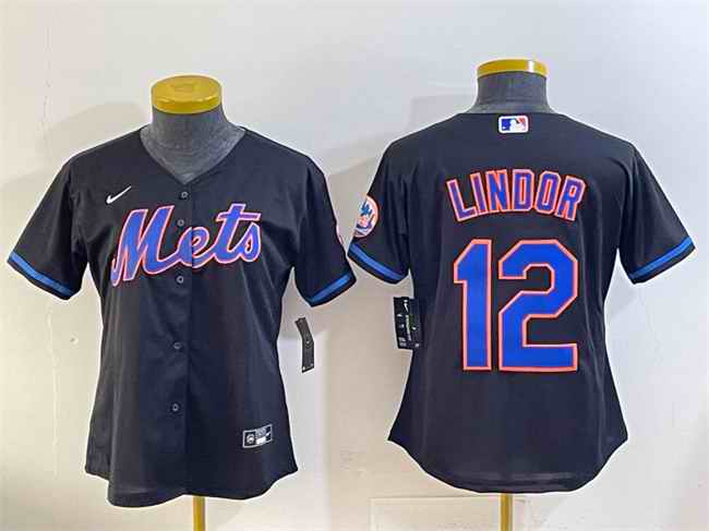 Women's New York Mets #12 Francisco Lindor Black Cool Base Stitched Baseball Jersey(Run Small)