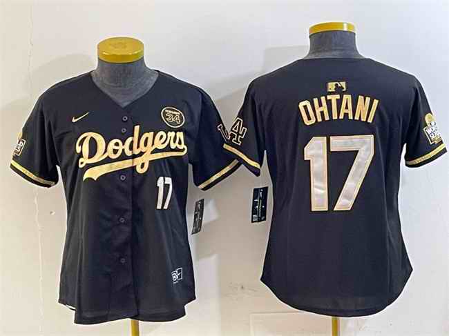 Women's Los Angeles Dodgers #17 Shohei Ohtani Black/Gold 2024 World Series With Fernando Patch Vapor Limited Stitched Baseball Jersey(Run Small)