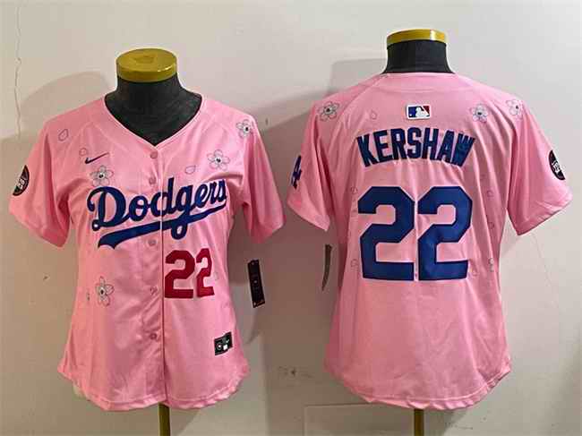 Women's Los Angeles Dodgers #22 Clayton Kershaw Pink 2025 Tokyo Series Limited Stitched Baseball Jersey(Run Small)
