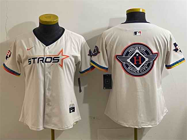 Women's Houston Astros Team Big Logo Cream 2025 City Connect With Texas Patch Limited Stitched Baseball Jersey(Run Small) 005