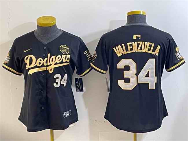 Women's Los Angeles Dodgers #34 Toro Valenzuela Black/Gold 2024 World Series With Fernando Memorial Patch Limited Stitched Baseball Jersey(Run Small)