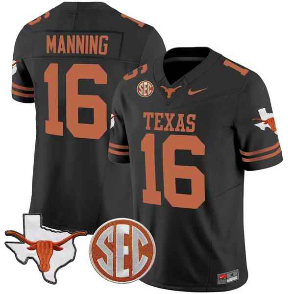 Women's Texas Longhorns #16 Arch Manning Black F.U.S.E. State Map & SEC Patch Stitched Jersey(Run Small)