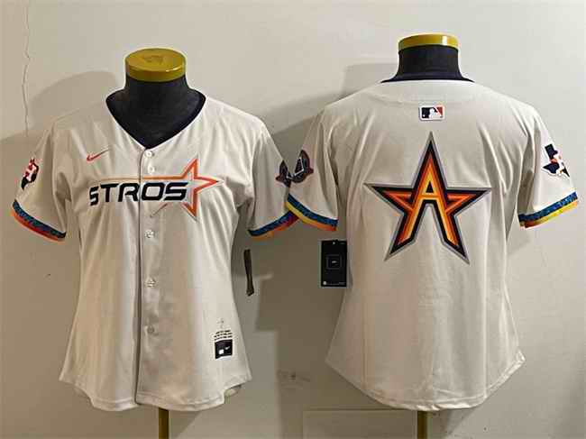 Women's Houston Astros Team Big Logo Cream 2025 City Connect With Texas Patch Limited Stitched Baseball Jersey(Run Small) 001