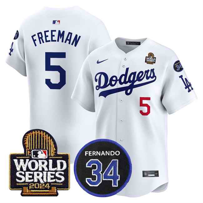 Women's Los Angeles Dodgers #5 Freddie Freeman White 2024 World Series With Fernando Memorial Patch Limited Stitched Baseball Jersey(Run Small)