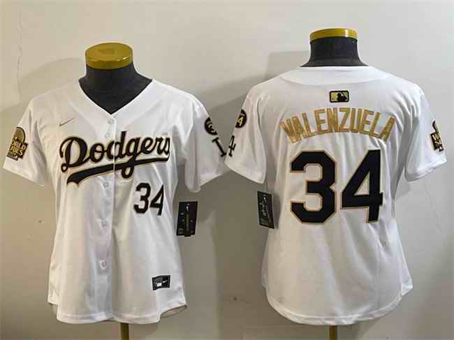 Women's Los Angeles Dodgers #34 Toro Valenzuela White/Gold 2024 World Series With Fernando Memorial Patch Home Limited Stitched Baseball Jersey(Run Small)