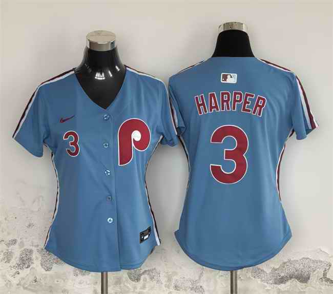Women's Philadelphia Phillies #3 Bryce Harper Light Blue Stitched Baseball Jersey(Run Small)