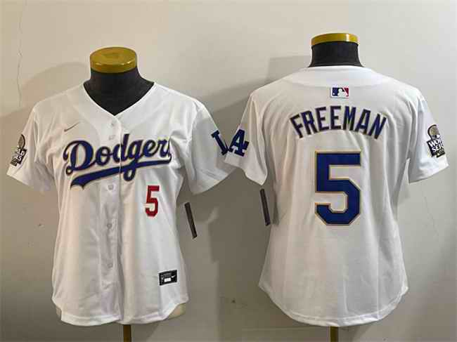 Women's Los Angeles Dodgers #5 Freddie Freeman White Gold 2024 World Series Home Limited Stitched Baseball Jersey(Run Small)