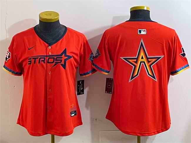 Women's Houston Astros Team Big Logo Orange 2025 City Connect With Texas Patch Limited Stitched Baseball Jersey(Run Small) 004