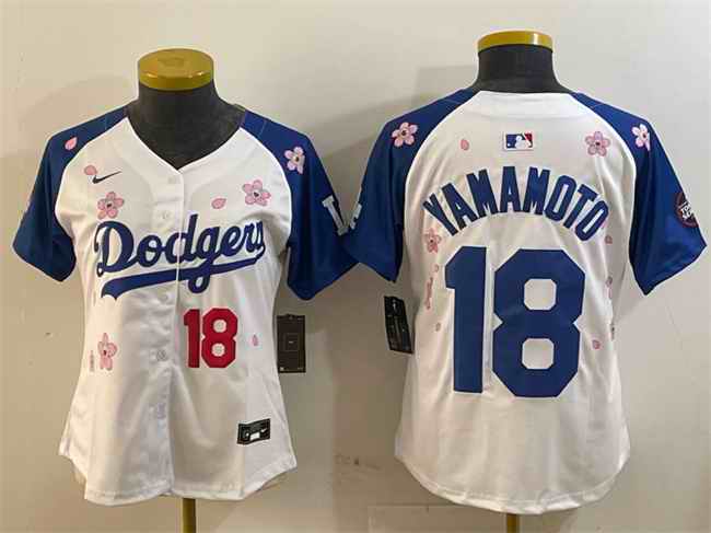 Women's Los Angeles Dodgers #18 Yoshinobu Yamamoto White/Royal 2025 Tokyo Series Limited Stitched Baseball Jersey(Run Small)