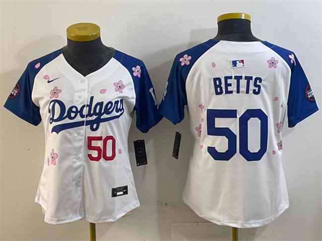 Women's Los Angeles Dodgers #50 Mookie Betts White/Royal 2025 Tokyo Series Limited Stitched Baseball Jersey(Run Small)