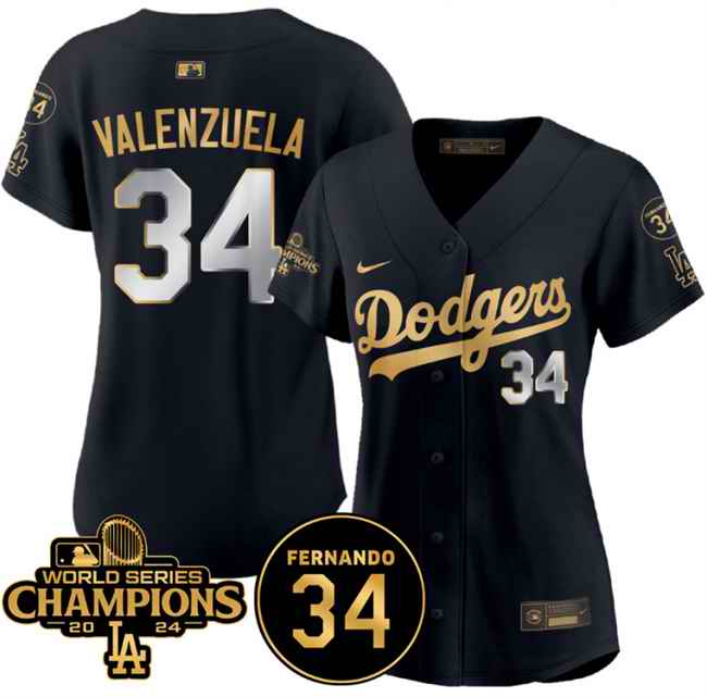 Women's Los Angeles Dodgers #34 Fernando Valenzuela Black/Gold 2024 World Series Champions & Fernando Memorial Patch Limited Stitched Baseball Jersey(Run Small)