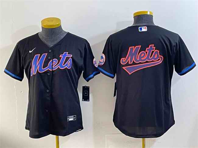 Women's New York Mets Team Big Logo Black Cool Base Stitched Baseball Jersey(Run Small)
