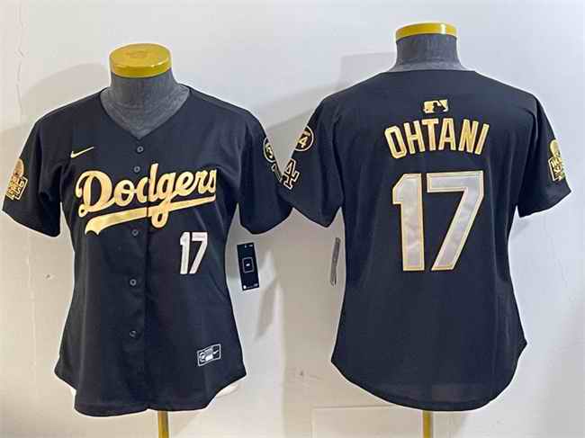 Women's Los Angeles Dodgers #17 Shohei Ohtani Black/Gold 2024 World Series With Fernando Memorial Patch Limited Stitched Baseball Jersey(Run Small)