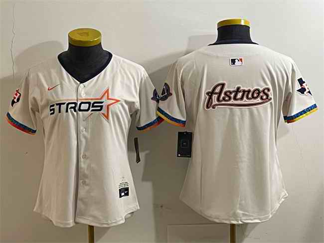 Women's Houston Astros Team Big Logo Cream 2025 City Connect With Texas Patch Limited Stitched Baseball Jersey(Run Small) 003