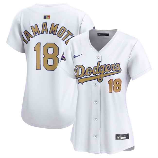 Women's Los Angeles Dodgers #18 Yoshinobu Yamamoto White 2025 Gold Collection Limited Stitched Baseball Jersey(Run Small)